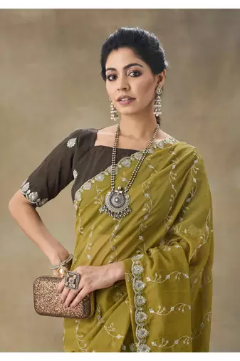 Mustard Embroidered Organza Saree With Blouse Piece