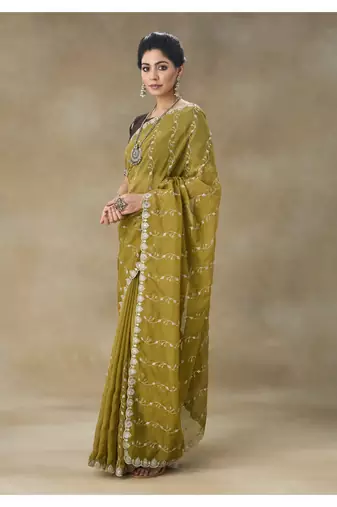 Mustard Embroidered Organza Saree With Blouse Piece