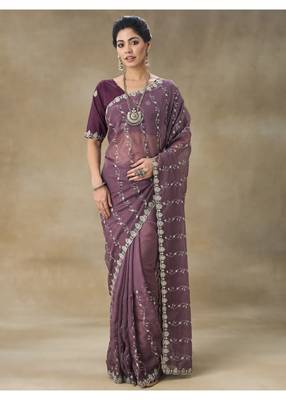 Mauve Embroidered Organza Saree With Blouse Piece 1