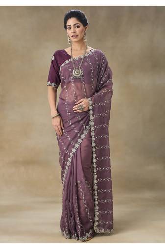 Mauve Embroidered Organza Saree With Blouse Piece