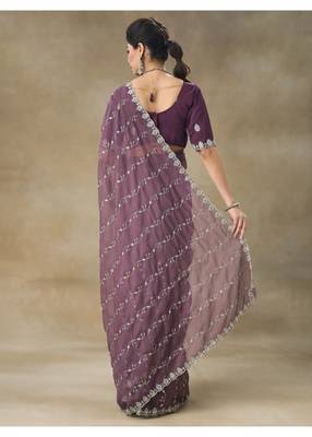 Mauve Embroidered Organza Saree With Blouse Piece 2