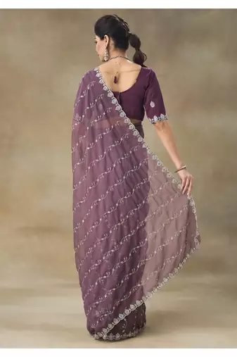 Mauve Embroidered Organza Saree With Blouse Piece