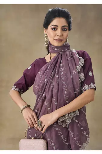 Mauve Embroidered Organza Saree With Blouse Piece