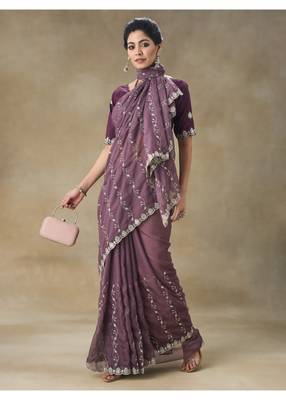 Mauve Embroidered Organza Saree With Blouse Piece 5