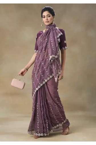 Mauve Embroidered Organza Saree With Blouse Piece
