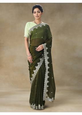 Olive Green Embroidered Tissue Saree With Blouse Piece 1