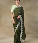 Olive Green Embroidered Tissue Saree With Blouse Piece