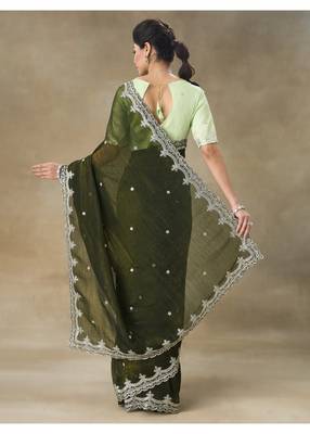 Olive Green Embroidered Tissue Saree With Blouse Piece 2
