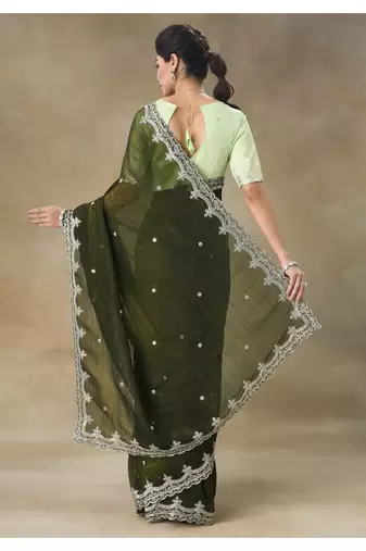 Olive Green Embroidered Tissue Saree With Blouse Piece