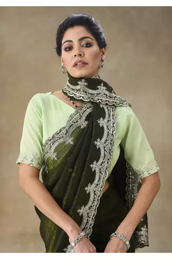 Olive Green Embroidered Tissue Saree With Blouse Piece