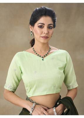 Olive Green Embroidered Tissue Saree With Blouse Piece 4