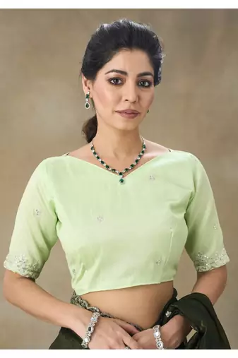 Olive Green Embroidered Tissue Saree With Blouse Piece