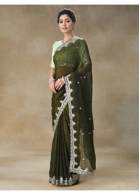 Olive Green Embroidered Tissue Saree With Blouse Piece 5