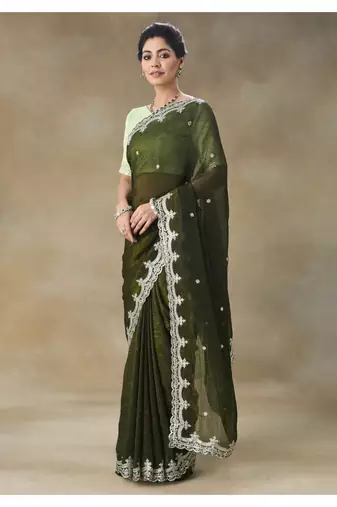 Olive Green Embroidered Tissue Saree With Blouse Piece