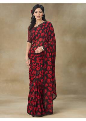 Red Printed Pure Chiffon Saree With Blouse Piece 1