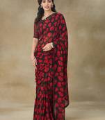 Red Printed Pure Chiffon Saree With Blouse Piece