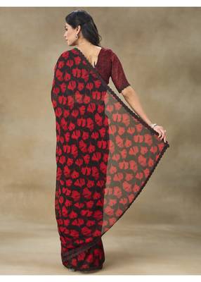 Red Printed Pure Chiffon Saree With Blouse Piece 2