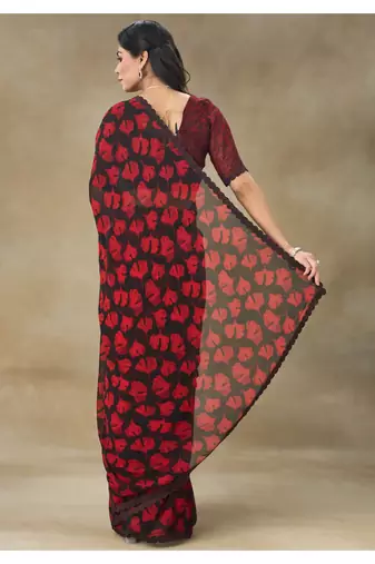 Red Printed Pure Chiffon Saree With Blouse Piece