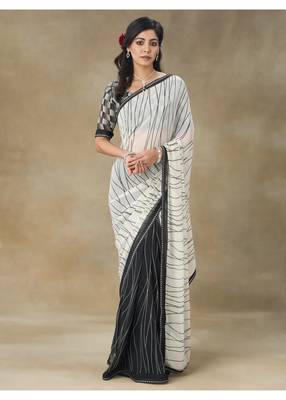 White Printed Pure Chiffon Saree With Blouse Piece 1
