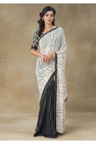 White Printed Pure Chiffon Saree With Blouse Piece
