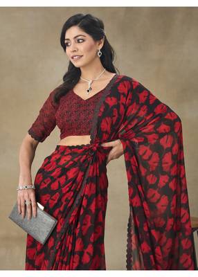 Red Printed Pure Chiffon Saree With Blouse Piece 3