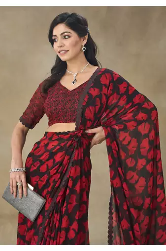 Red Printed Pure Chiffon Saree With Blouse Piece