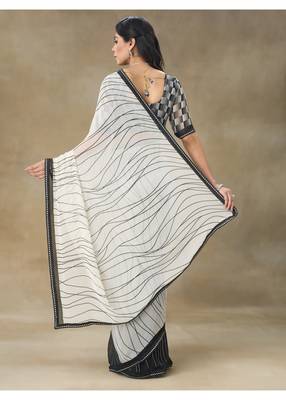 White Printed Pure Chiffon Saree With Blouse Piece 2