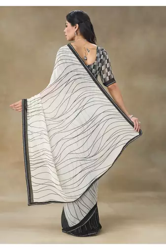White Printed Pure Chiffon Saree With Blouse Piece