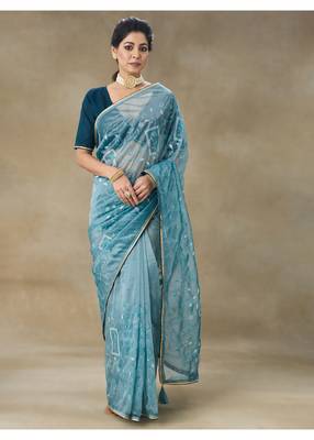 Blue Embroidered Net Saree With Blouse Piece 1