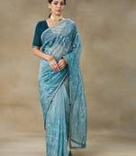 Blue Embroidered Net Saree With Blouse Piece