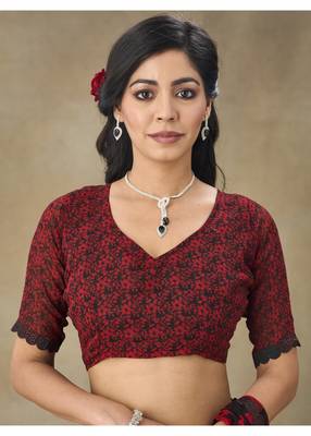 Red Printed Pure Chiffon Saree With Blouse Piece 4