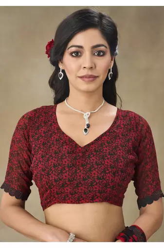 Red Printed Pure Chiffon Saree With Blouse Piece