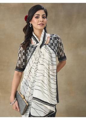 White Printed Pure Chiffon Saree With Blouse Piece 3