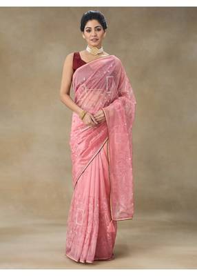 Pink Embroidered Net Saree With Blouse Piece 1