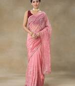 Pink Embroidered Net Saree With Blouse Piece