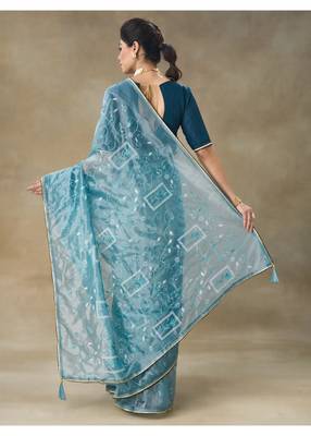 Blue Embroidered Net Saree With Blouse Piece 2