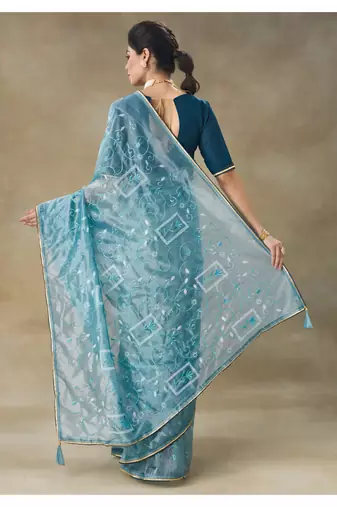 Blue Embroidered Net Saree With Blouse Piece