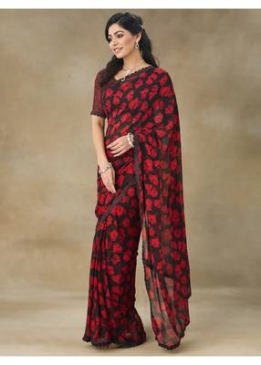 Red Printed Pure Chiffon Saree With Blouse Piece 5