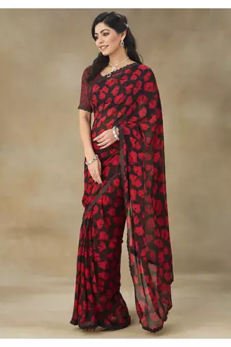 Red Printed Pure Chiffon Saree With Blouse Piece