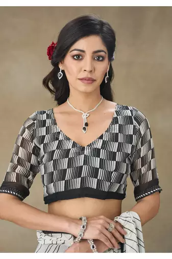 White Printed Pure Chiffon Saree With Blouse Piece