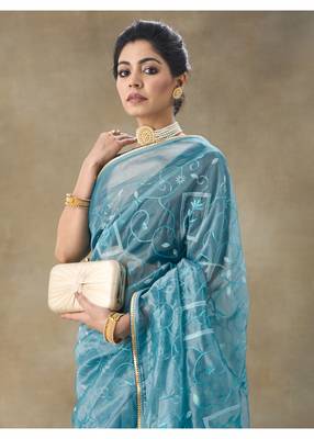 Blue Embroidered Net Saree With Blouse Piece 3