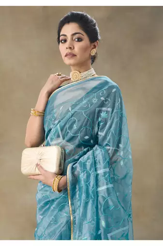 Blue Embroidered Net Saree With Blouse Piece