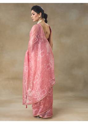 Pink Embroidered Net Saree With Blouse Piece 2