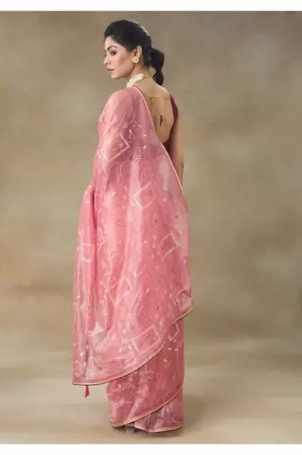 Pink Embroidered Net Saree With Blouse Piece