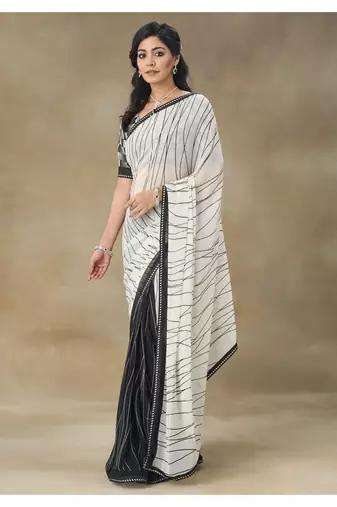 White Printed Pure Chiffon Saree With Blouse Piece