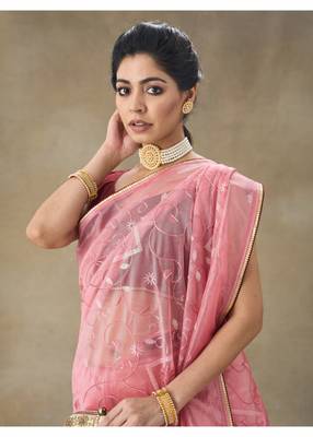 Pink Embroidered Net Saree With Blouse Piece 3
