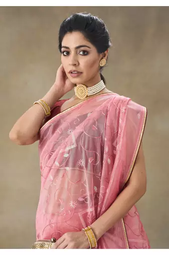 Pink Embroidered Net Saree With Blouse Piece