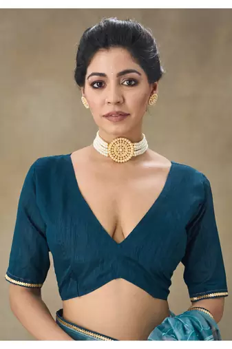Blue Embroidered Net Saree With Blouse Piece