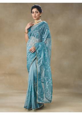 Blue Embroidered Net Saree With Blouse Piece 5