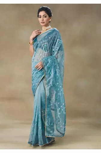 Blue Embroidered Net Saree With Blouse Piece